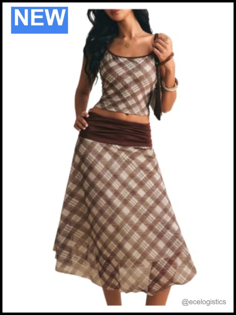 Women's 2pc Plaid Skirt Set Crop Camisole Midi Skirt